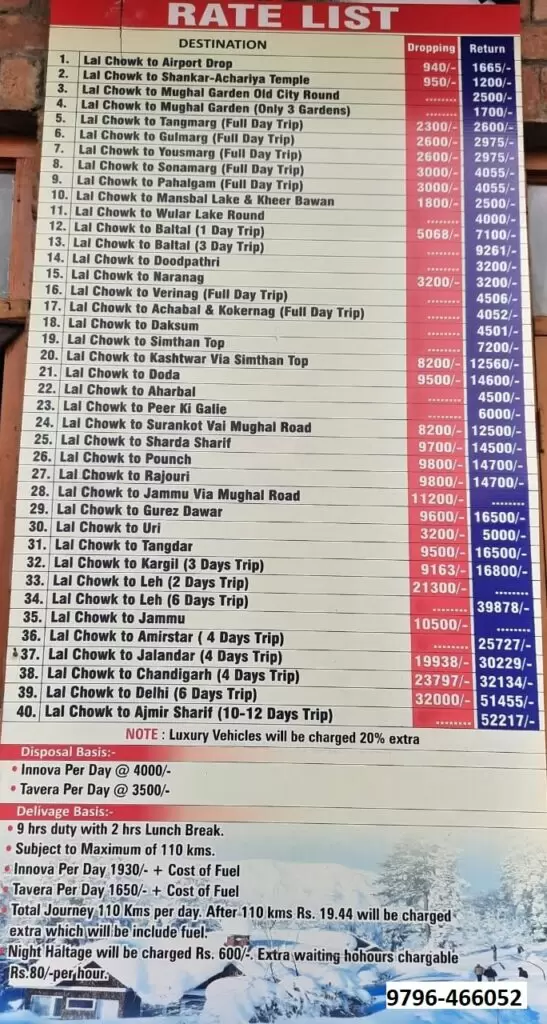 taxi rates srinagar jammu kashmir