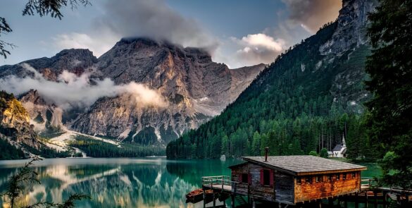 mountains, lake, house