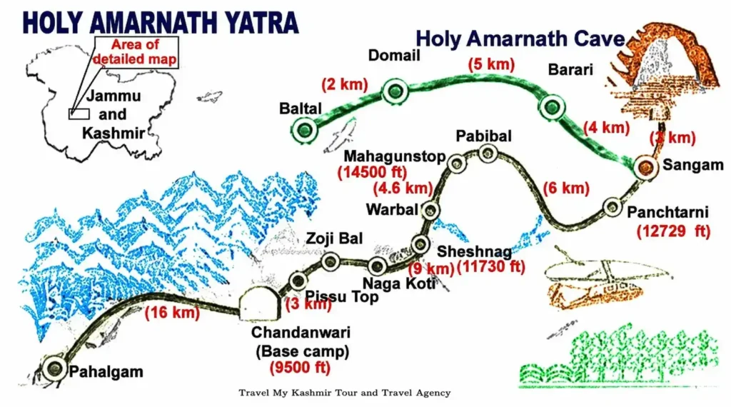 Detailed map of Amarnath yatra cave, Jammu and Kashmir