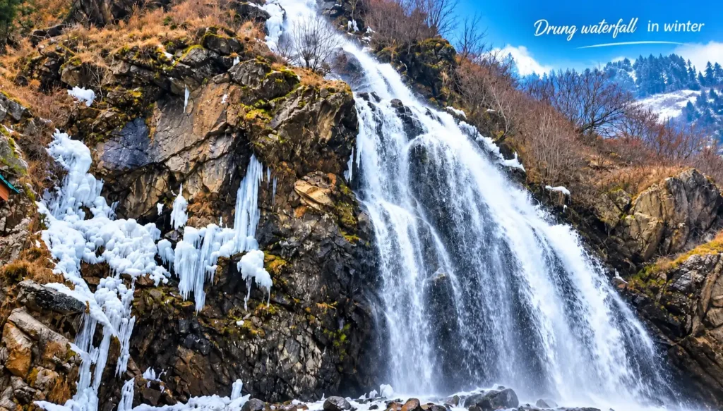 Drung-Waterfall-in-Winter- Travel Guide by Travel My Kashmir