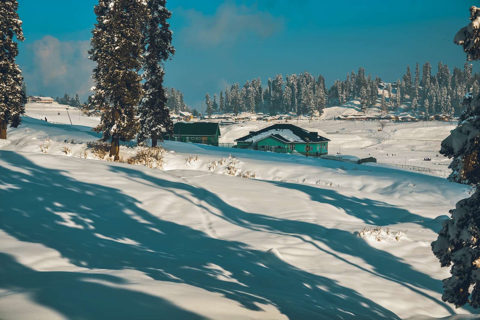 Kashmir in december (a snow covered hill with a house in the distance)