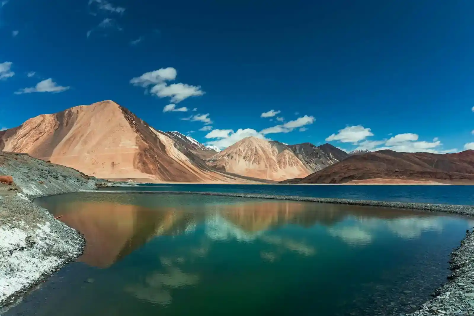 Pangong Lake Near the Mountains Under the Blue Sky and White Clouds - Kashmir leh ladakh tour packages