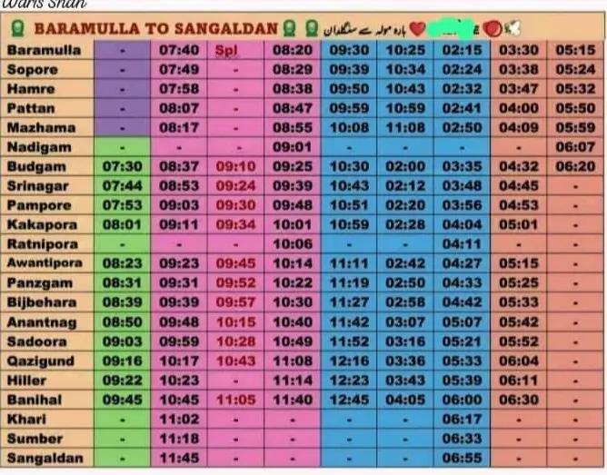 Baramulla to Sangaldan railway timing