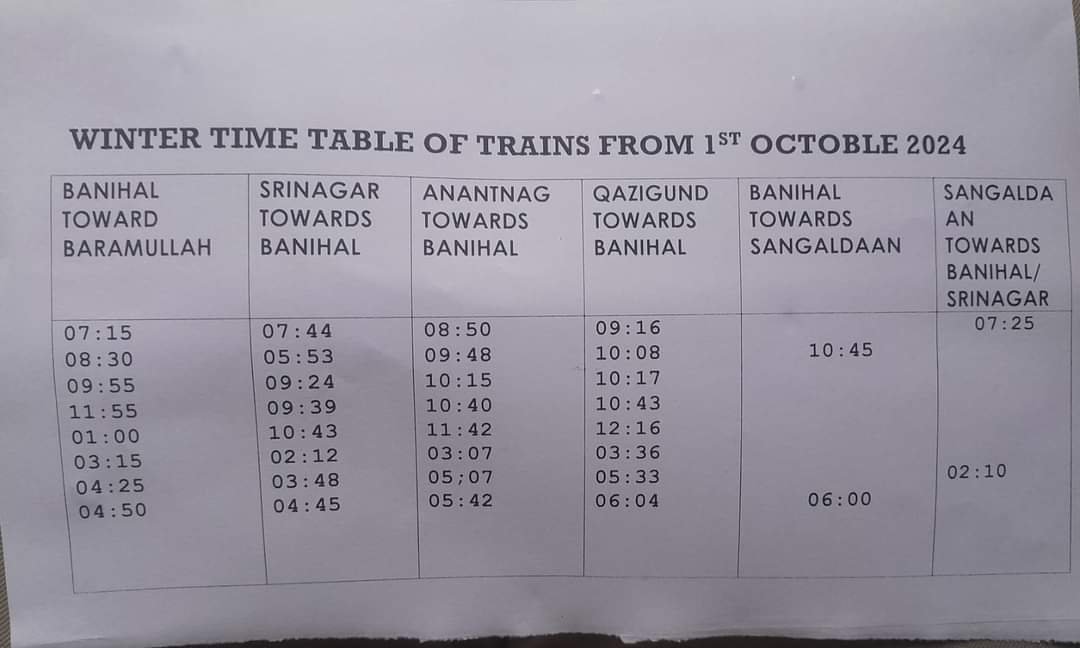 winter time table for Kashmir train