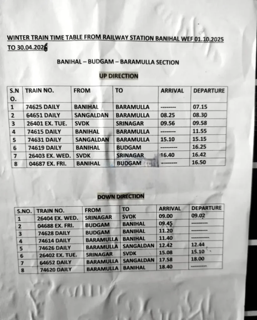 Winter train timing Srinagar