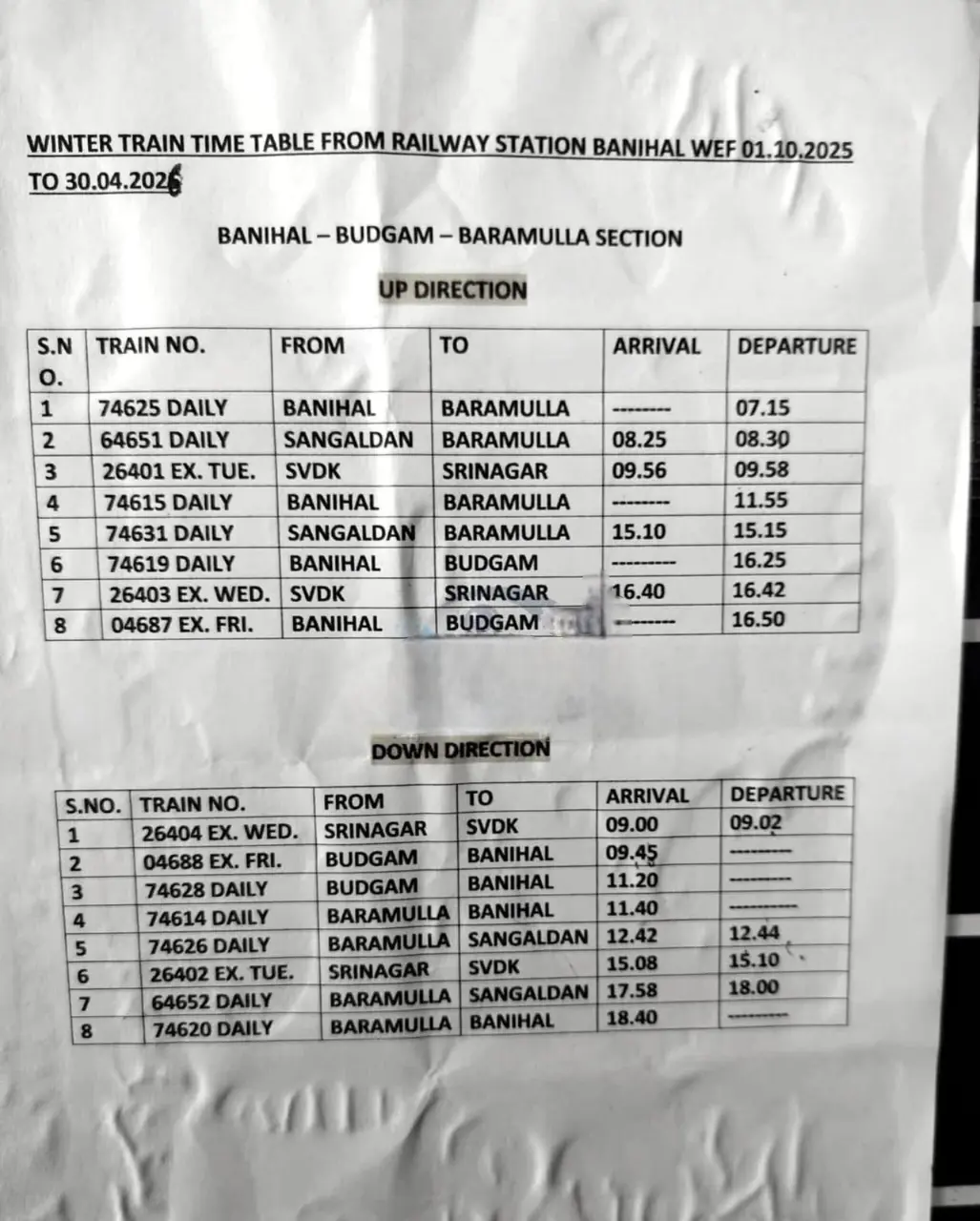 Winter train timing Srinagar