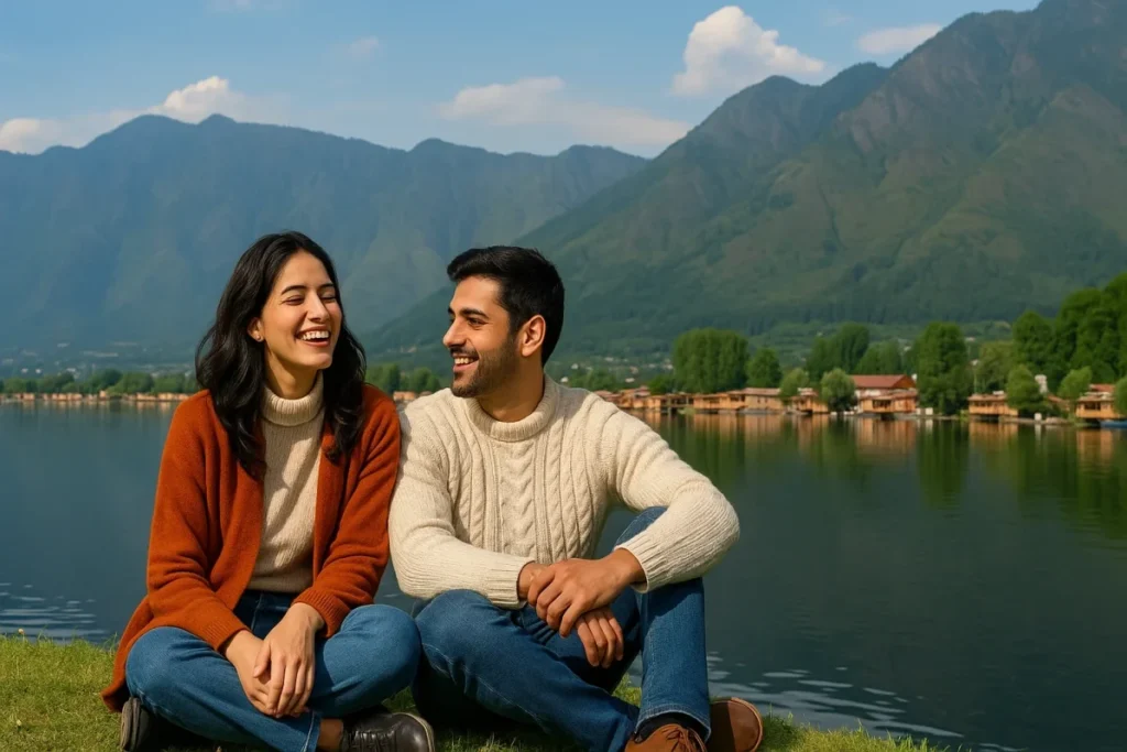 Couple enjoying near dal lake srinagar- 6 days kashmir honeymoon package