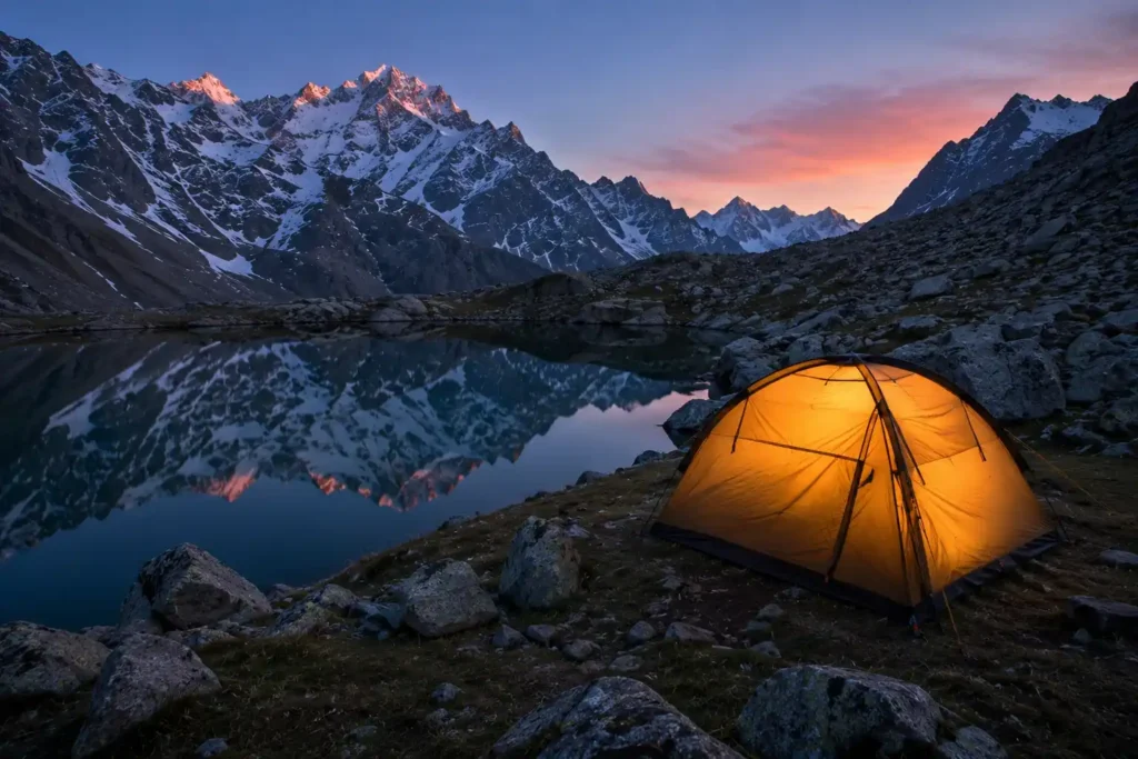 Camping tent pitched beside a high-altitude lake in Kashmir at dusk with snow peak reflections in still water
