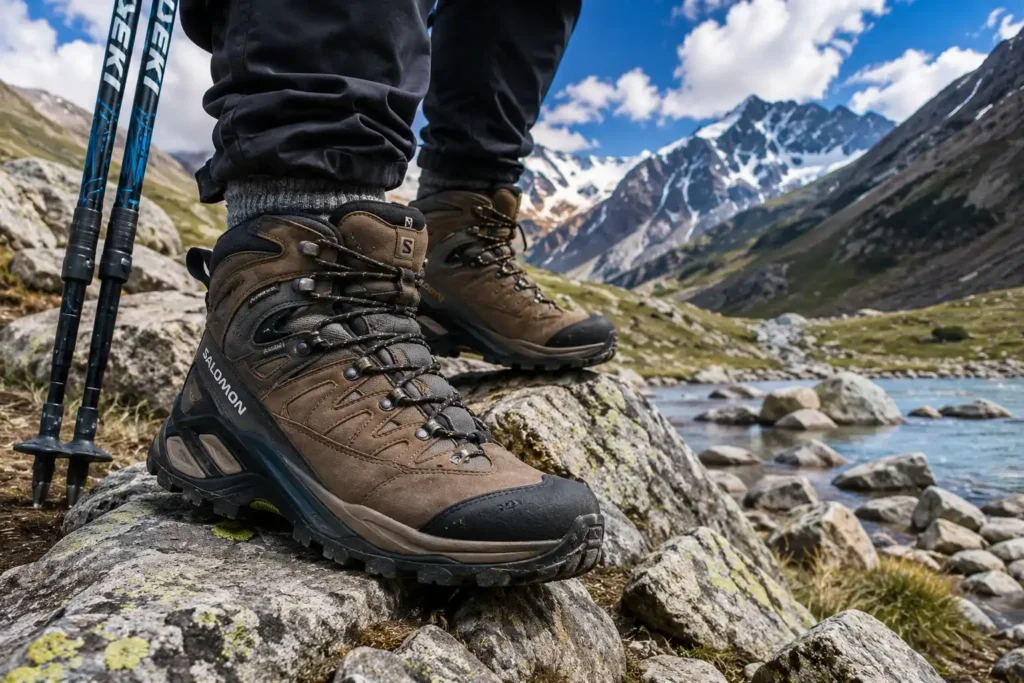 Ankle-support waterproof trekking boots on rocky boulder terrain during a Kashmir high-altitude trek