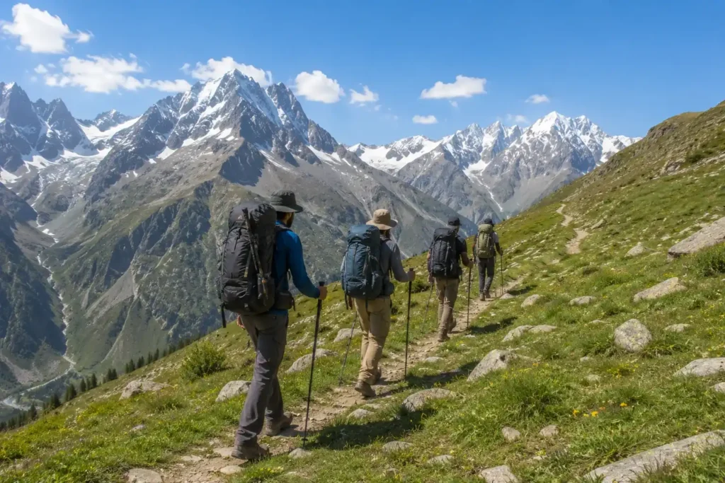 Group of four trekkers walking through a Kashmir alpine meadow on a multi-day guided trek- Trekking cost in Kashmir