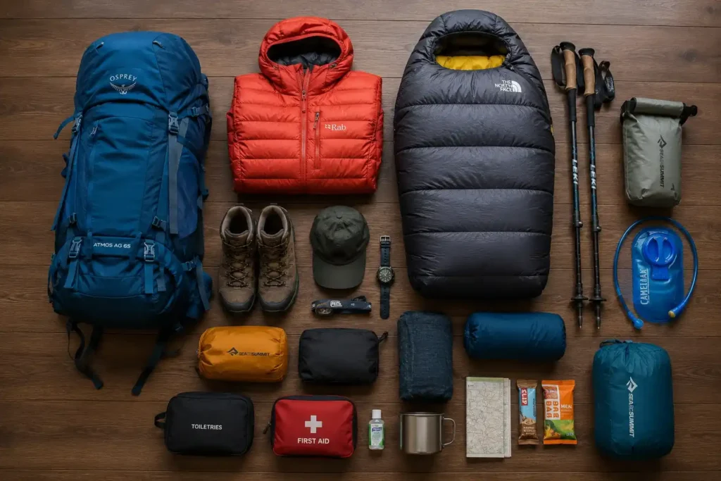 Kashmir trekking packing list laid out — boots, sleeping bag, trekking poles, rain jacket and backpack ready for a multi-day Kashmir trek