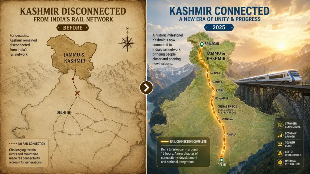 Map illustration showing the completed Udhampur-Srinagar-Baramulla Rail Link (USBRL) connecting Delhi to Srinagar by train in 2026
