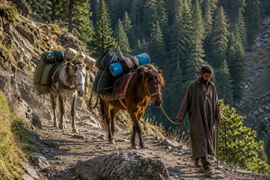 Pack horses carrying camping equipment on a Kashmir trekking trail with a local Gujjar handler- Kashmir trekking cost