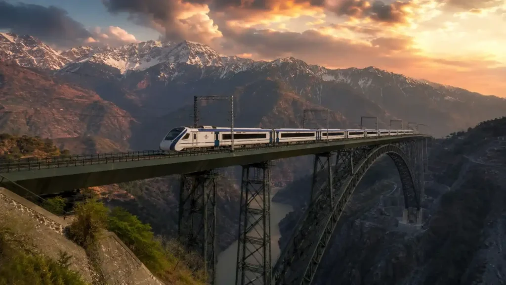 Vande Bharat Express crossing the Chenab Bridge in Kashmir with snow-capped Himalayas in the background at golden hour