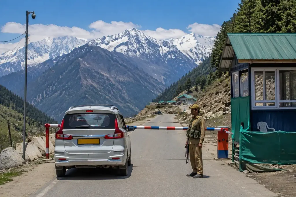 Vehicle stopped at an army road checkpoint in Kashmir with Himalayan peaks in background during a routine identity check for trekkers