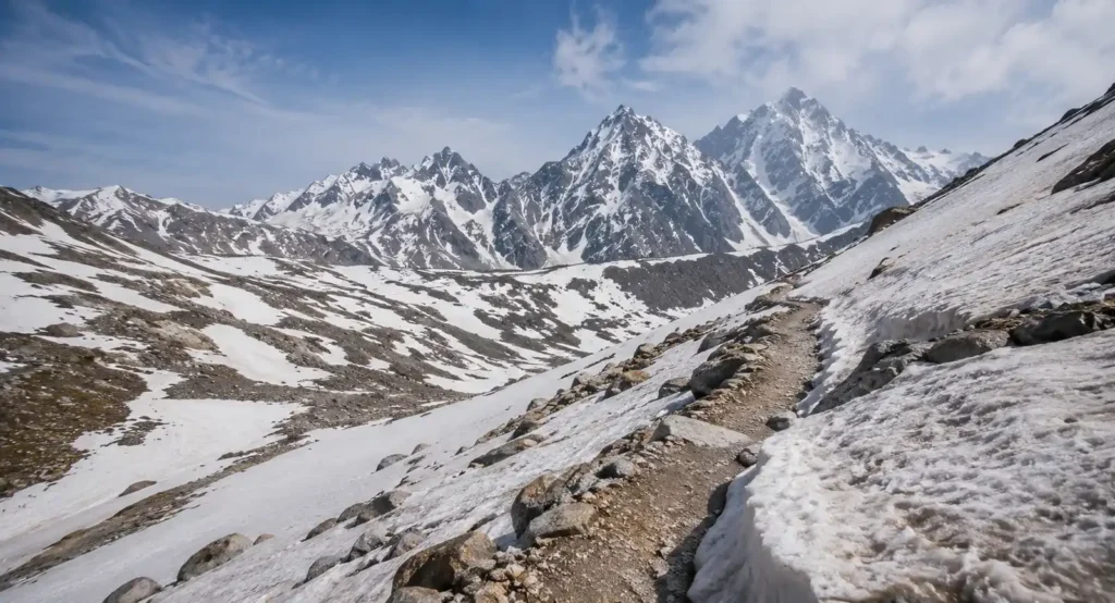 Patchy snow and rocky terrain on a high Kashmir mountain pass in late June showing early season trekking conditions- Best time for trekking in Kashmir