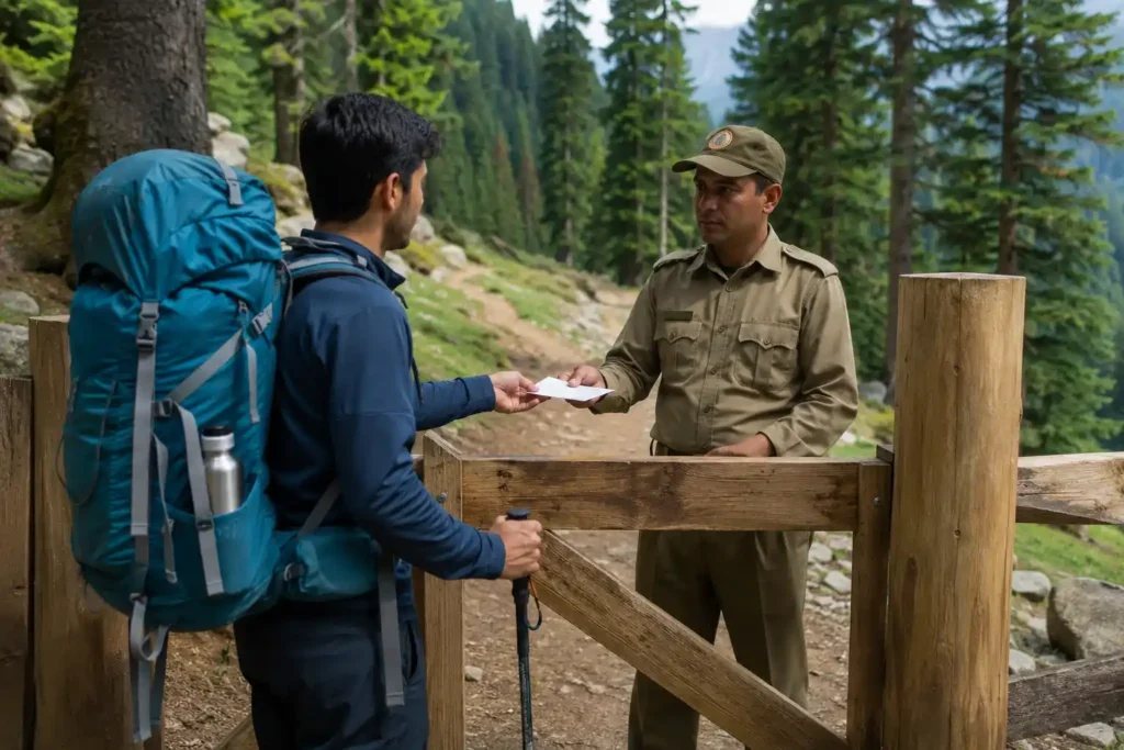 Trekker presenting identity documents at a forest checkpost on a Kashmir trekking trail for sanctuary entry permit