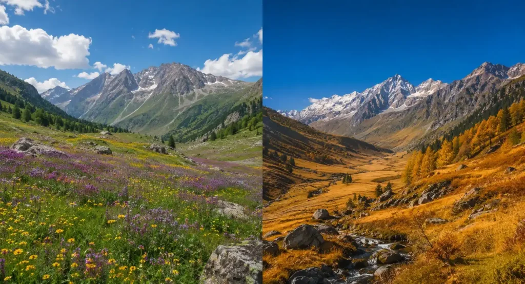 Side-by-side comparison of Kashmir trekking terrain in July with wildflowers versus September with golden autumn meadows under clear blue sky- Best time for trekking in Kashmir