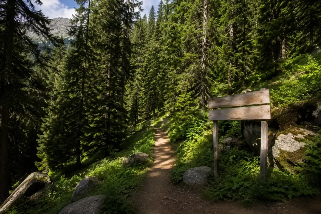 Dense pine forest trail at the boundary of Overa-Aru Wildlife Sanctuary in Pahalgam Kashmir where trekking entry permits are collected