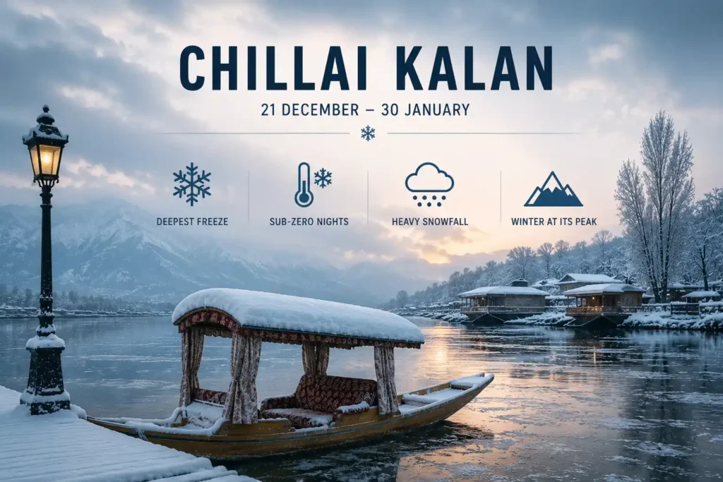 Chillai Kalan in Kashmir showing frozen Dal Lake, heavy snowfall and sub-zero winter conditions in January