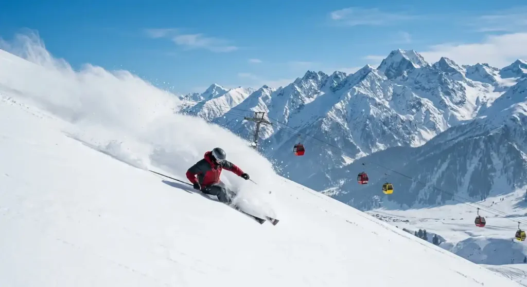 Skier on a deep powder snow slope in Gulmarg with the Gondola cable car visible in February