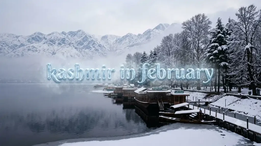 Snow-covered Kashmir landscape in February with traditional houseboats and snow-capped mountains