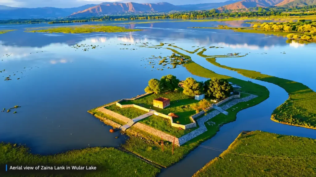 Beautiful Aerial view of Zaina Lank island in Wular Lake, North Kashmir