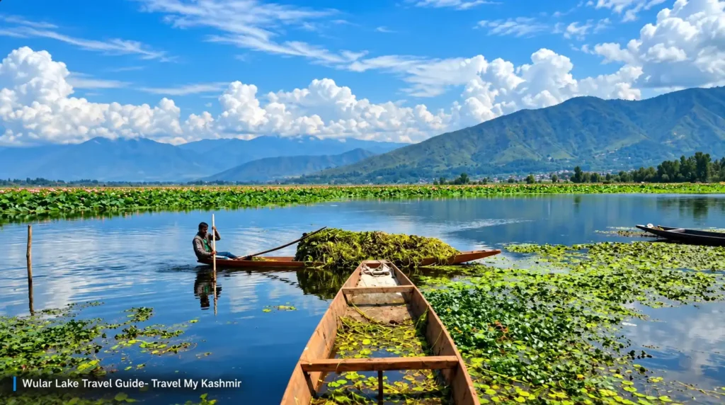 Traditional fishing boat on Wular Lake with the Kashmir mountains beyond