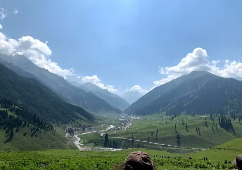 River flowing through the green meadows of greart alpine lakes