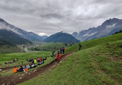 Trekkers taking rest while going for trekking in Kashmir